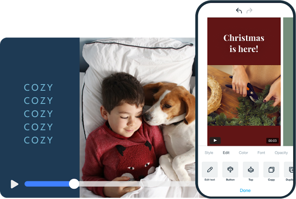 Using Vimeo Create to create a video of a cute child and dog during Christmas/the holidays