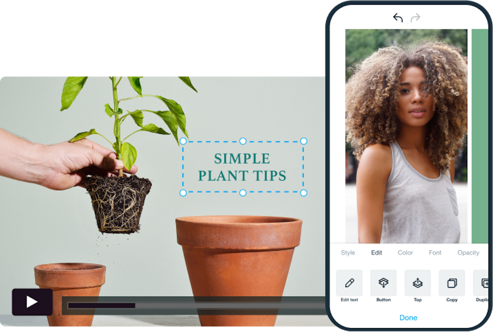 An image of a plant being repotted into a new planter with the text "simple plant tips" on desktop. Beside that, a mobile device using Vimeo Create to make video, featuring a woman. 