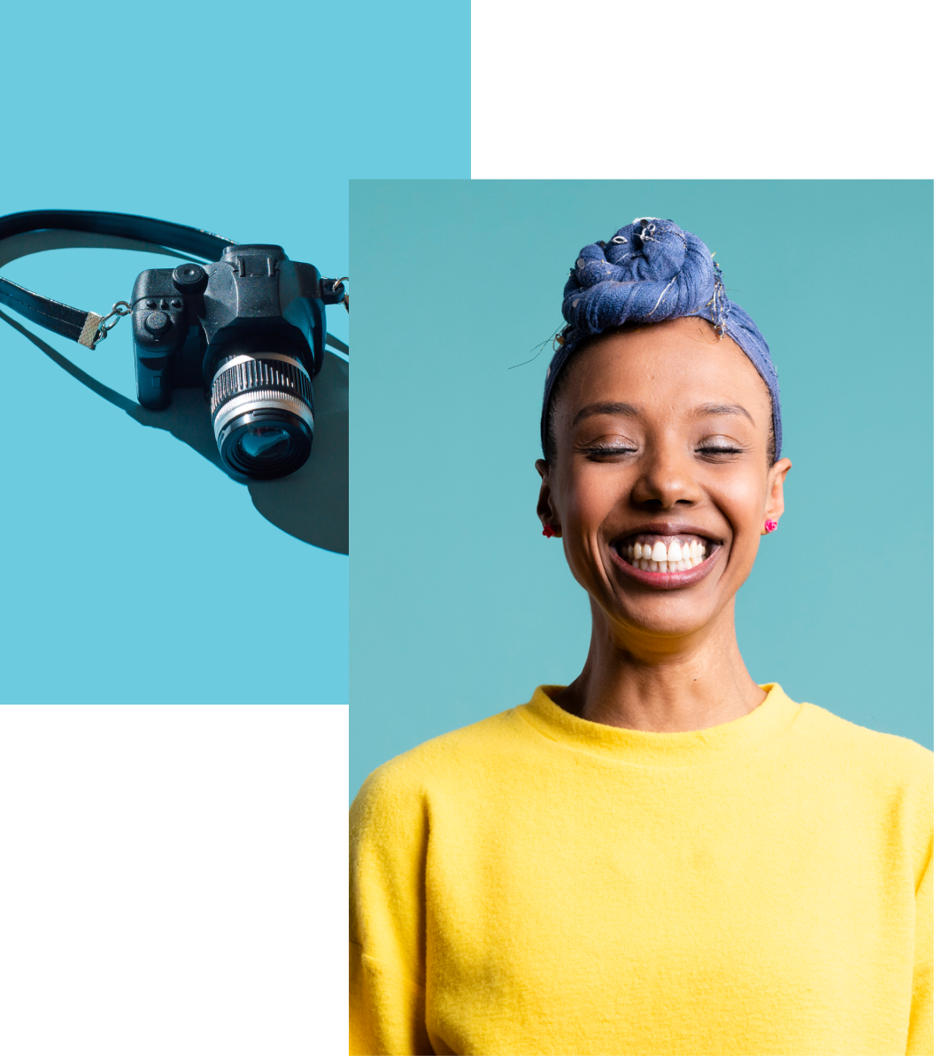 To the left, a camera against a blue background. To the right, a woman smiling as she creates her own video resume