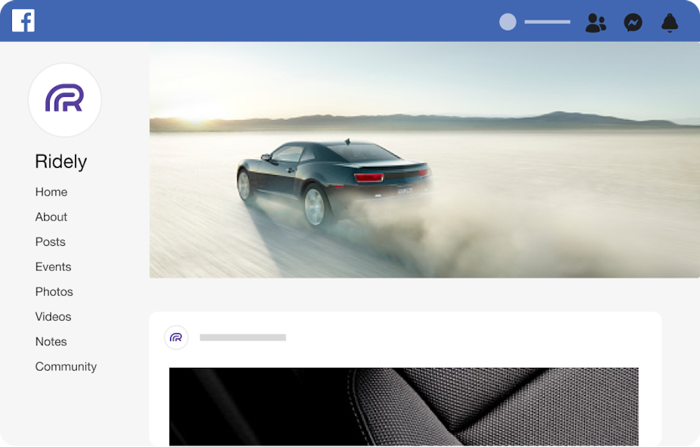 Facebook page image with a racing car video cover 